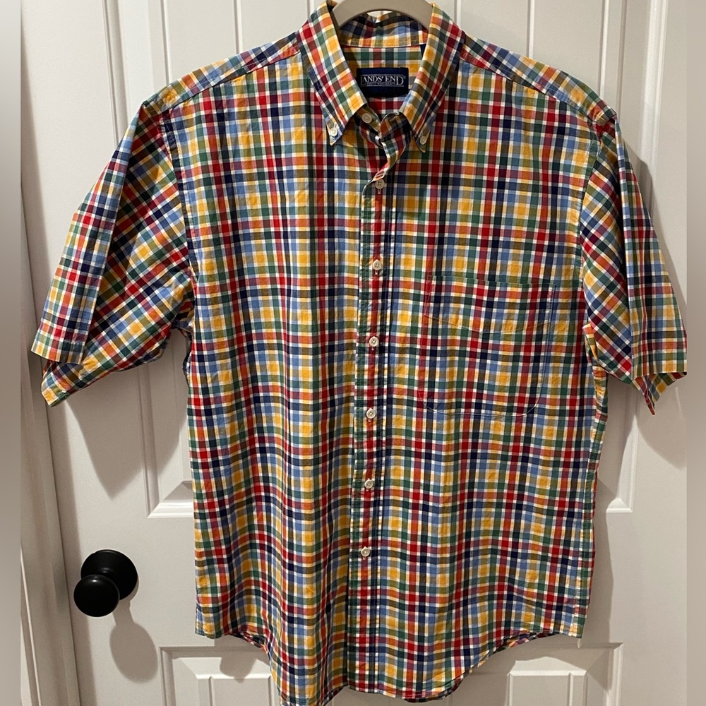 Lands' End Yellow Multi-Color Plaid Short-Sleeve Button-Down Shirt